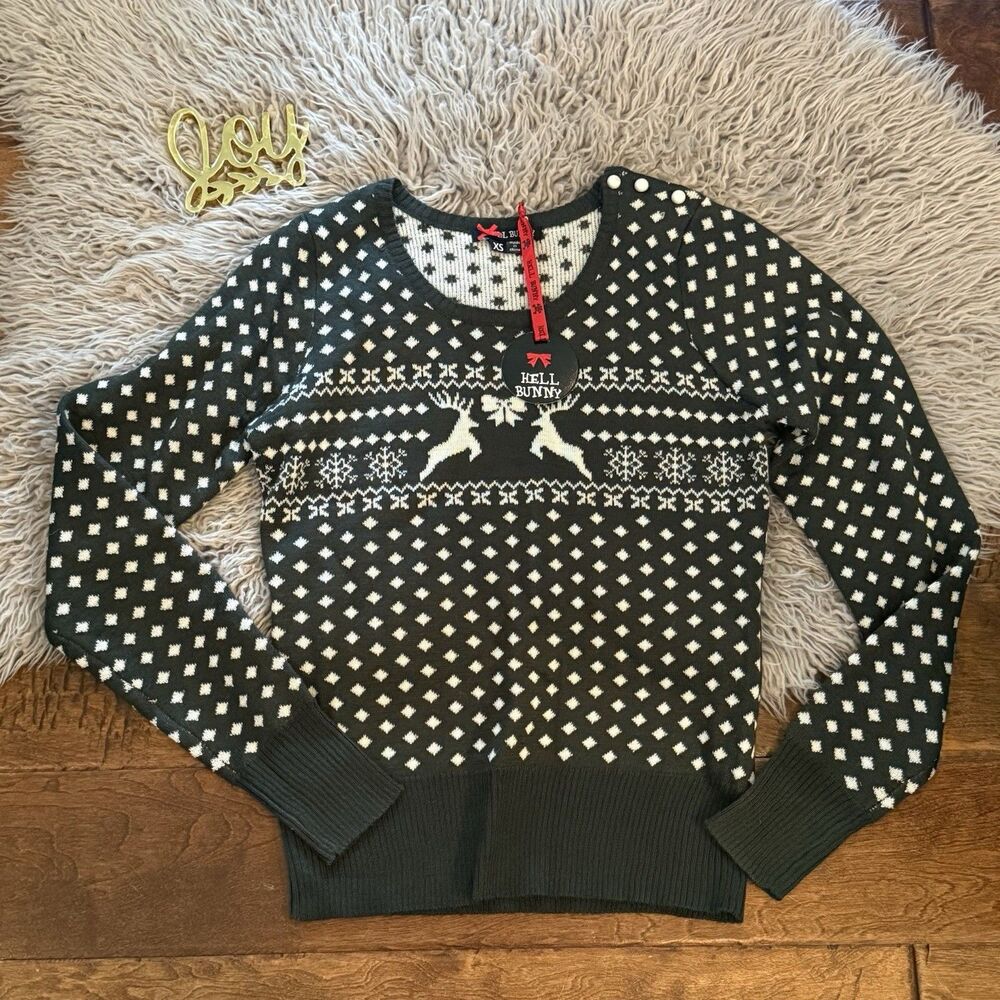Hell Bunny  Belle Sweater Green Ivory Christmas Reindeer Wool Size XS Retro New